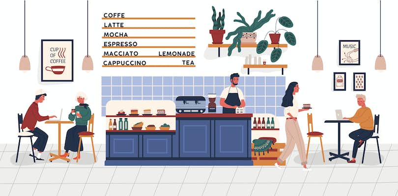 An illustration of a barista standing behind a coffee shop counter that is stocked with pastries and beverages.