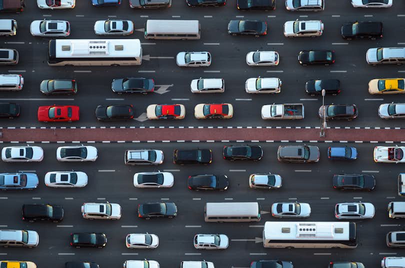 Top view of numerous cars in traffic jam