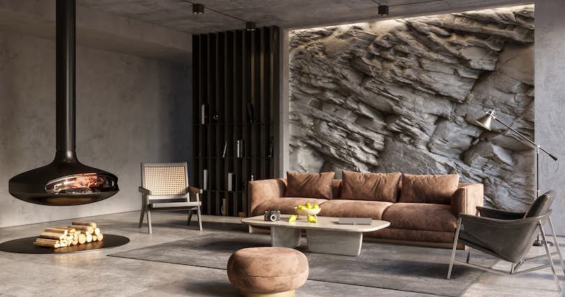 Natural Mountain Rock Wall in modern living room interior