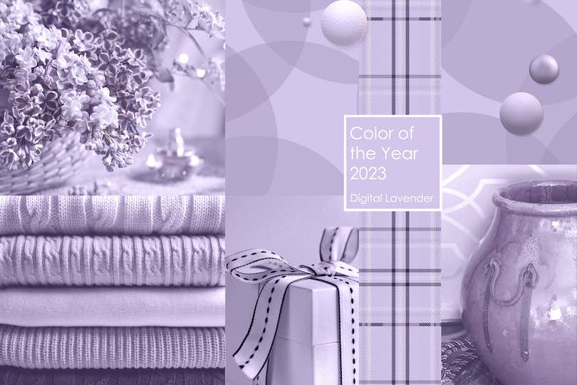 Collage of photos in trendy 2023 color of the year, digital lavender