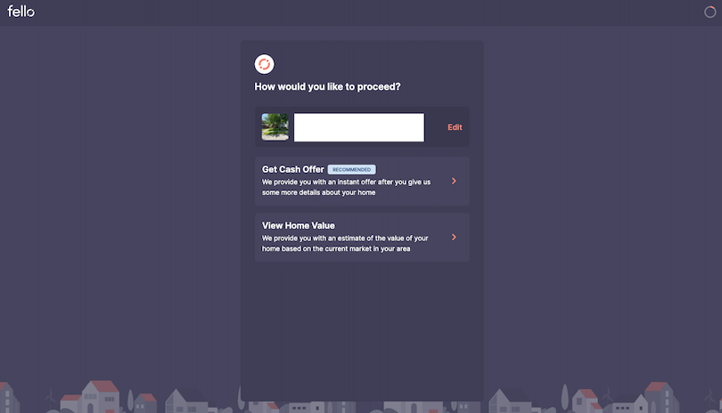 Fello's Offer Journey portal lets you pick between requesting a cash offer and viewing your home's value.