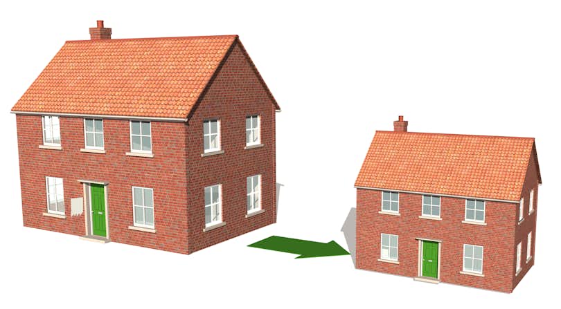 image showing a larger house with an arrow pointing to a much smaller one