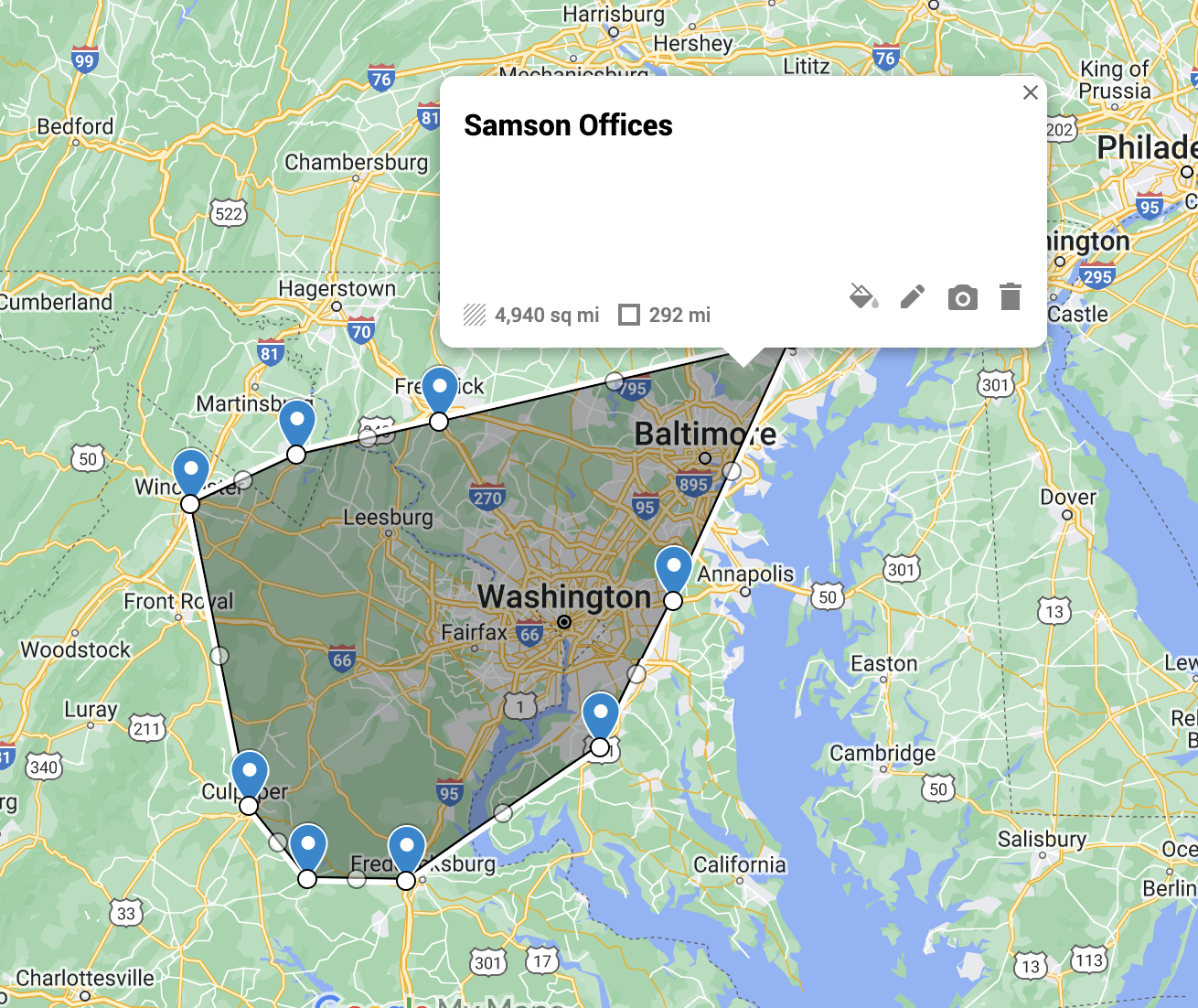 Outline of Samson Properties agent coverage, about 5,000 sq. mi. from Maryland to northern Virginia, including Washington, DC.