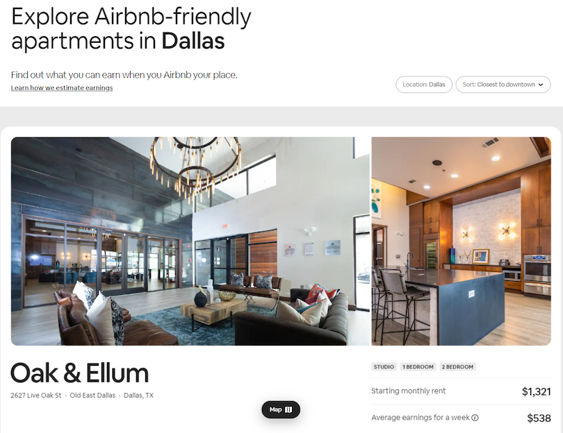 Average weekly earnings from an Airbnb-friendly apartment in Dallas