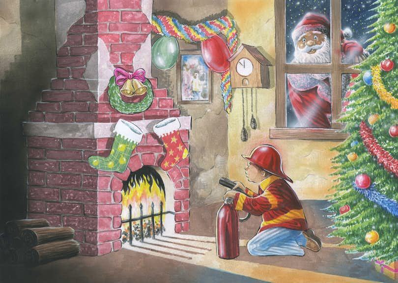 Christmas illustration of little boy holding fire extinguisher in front of home's fireplace as Santa peers in from a window