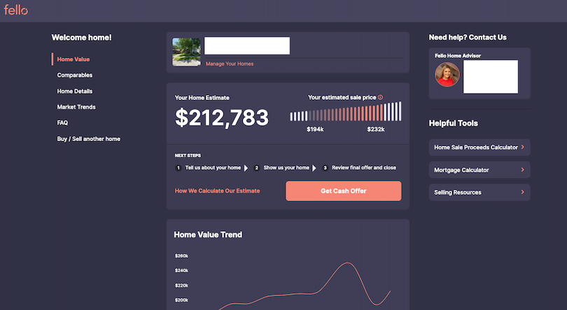 Fello's Offer Journey portal displays an estimate of your home's value. You can use this to determine if a cash offer is your best option.