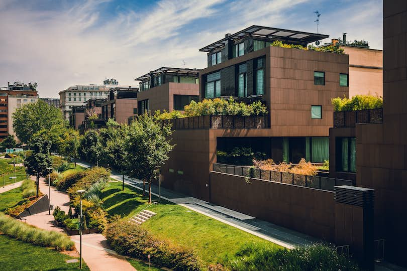 Modern residential buildings in the public green area