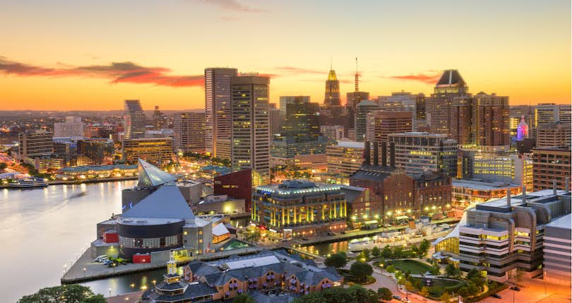 USA Maryland MD Bethesda skyline at evening with new construction