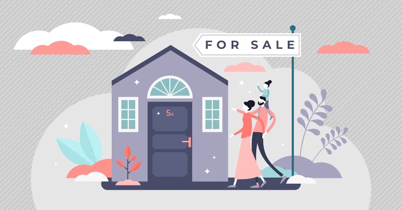 Buying a new house. Real estate agent giving a home keychain to a buyer. Modern flat style vector illustration isolated on white background.