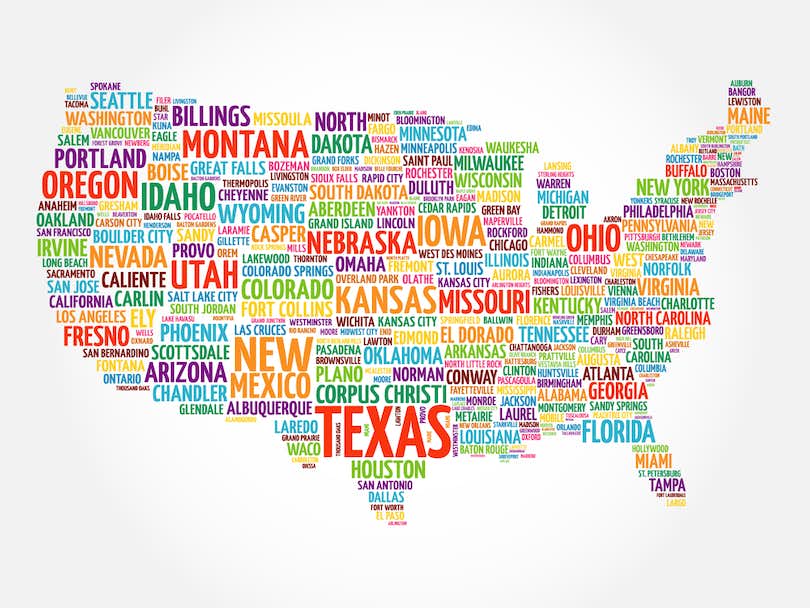 best big cities to live in usa, best cities to live in usa, stylized map of america's largest cities and states