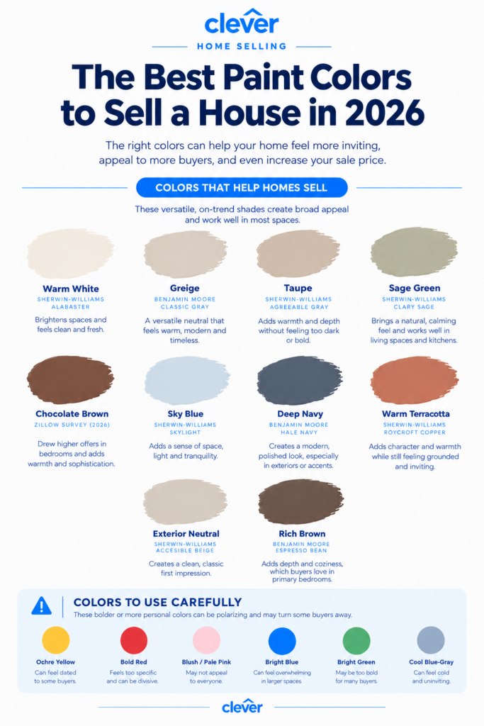 An infographic listing the top 10 best colors to paint a house:
Warm white
Greige
Taupe
Sage green
Chocolate brown
Sky blue
Deep navy
Warm terracotta
Exterior neutral
Rich brown