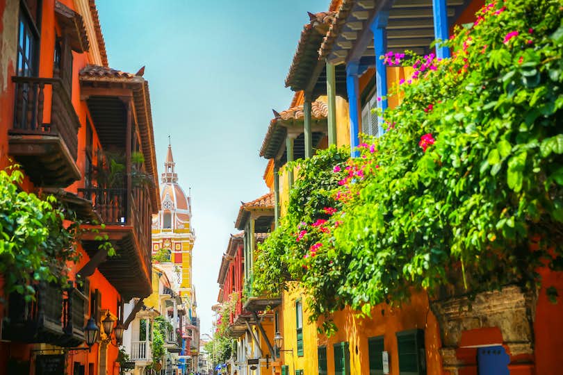 a colorful residential street in Cartagena, Colombia