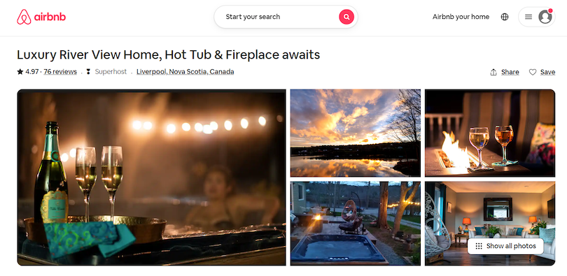 Airbnb photos featuring a cozy outdoor hot tub, sunsets, and champagne