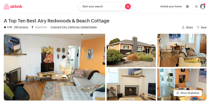 Airbnb listing title A Top Ten Best Airy Redwoods & Beach Cottage