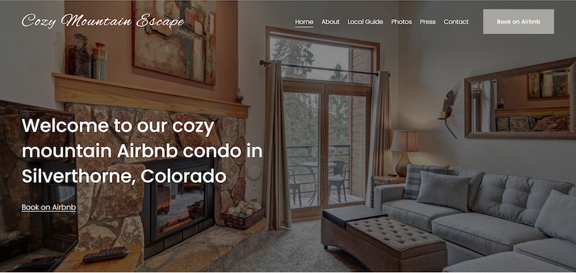 website homepage featuring a cozy mountain escape and a link to book the property on Airbnb