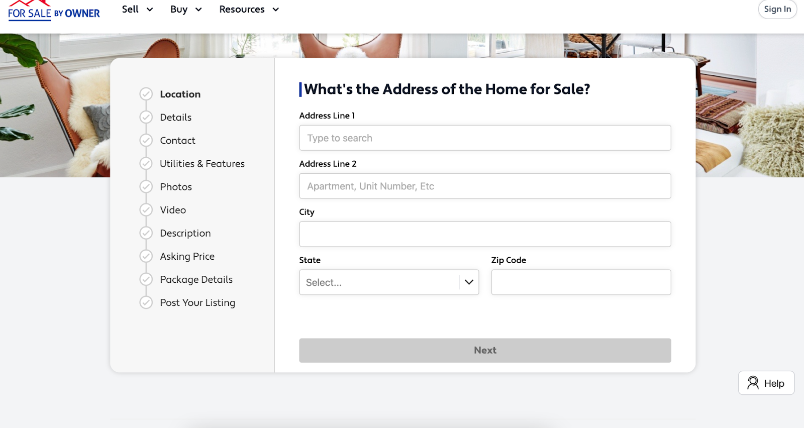 Screen capture of questionnaire to list a house on ForSaleByOwner.com